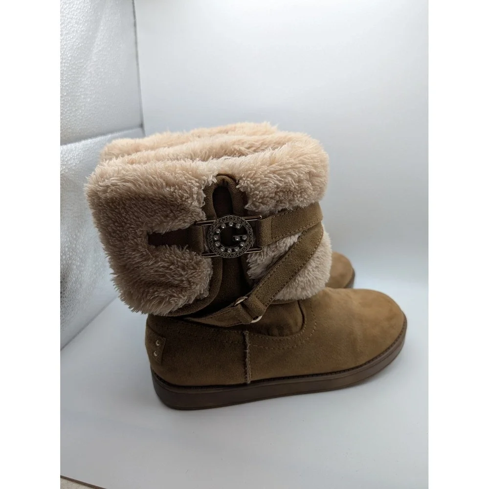 G by Guess‎ Aussie Chestnut Faux Suede Shearling Cuff Boots Womens 7M Rhinestone